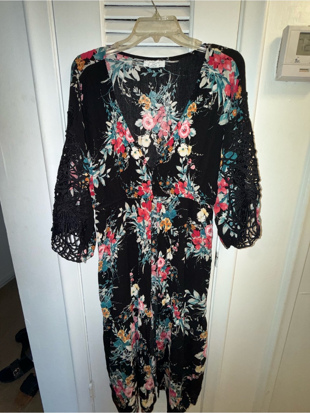 Black Floral V-Neck Midi cover up with Crochet Sleeves